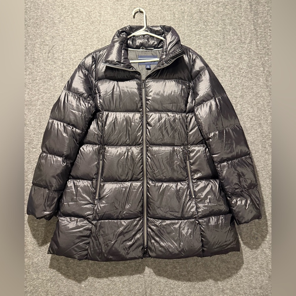 Lands End Puffer Jacket Coat Womens L 14-16 black Down Feather Insulated zip